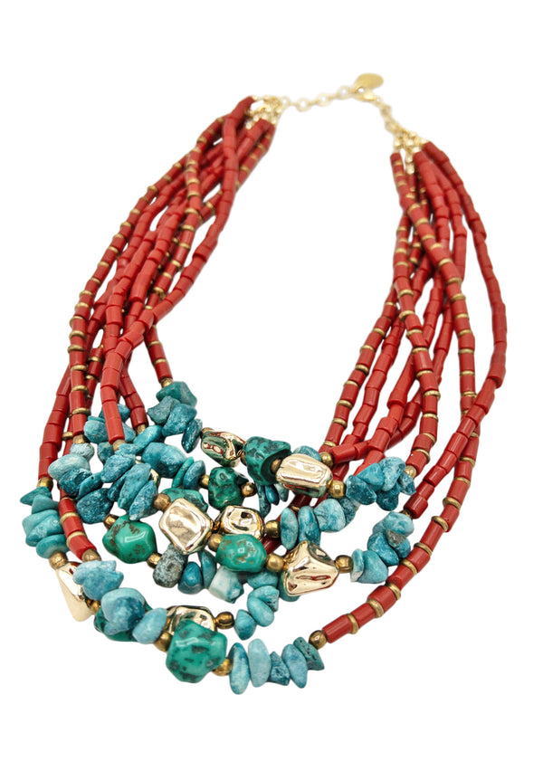 Red Coral Turquoise Gold Bohemian Necklace
