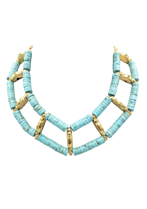 Turquoise Double Row Gold Bib Accent Necklace
