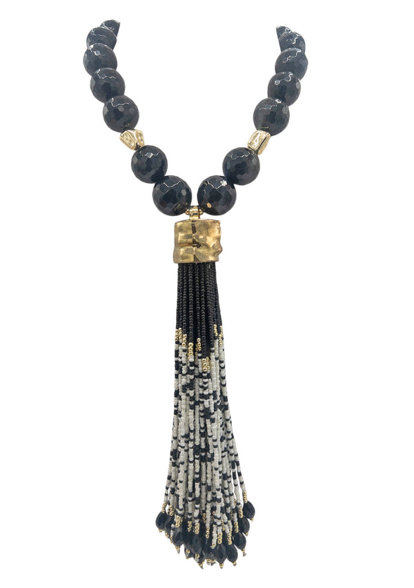Black Onyx Black and White Tassel Necklace