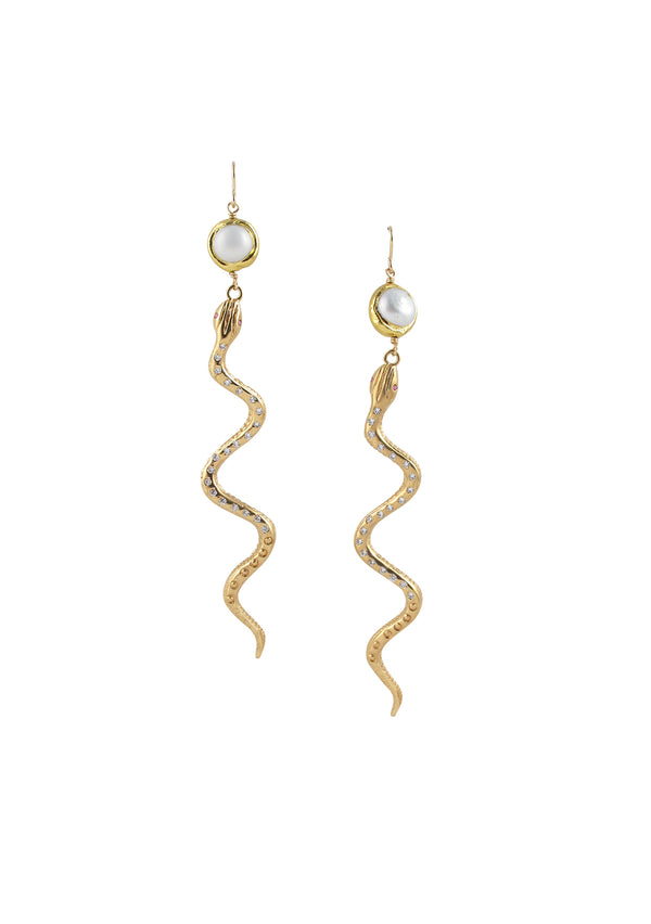 Diamond Illusion Gold Snake Pearl Earrings