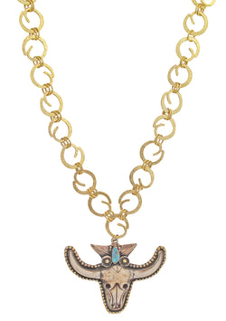 Devon Leigh | One of a kind, hand-made Nepalese carved bone white bull head pendant statement necklace, with authentic turquoise accent and 18K gold plated Balinese chain. 