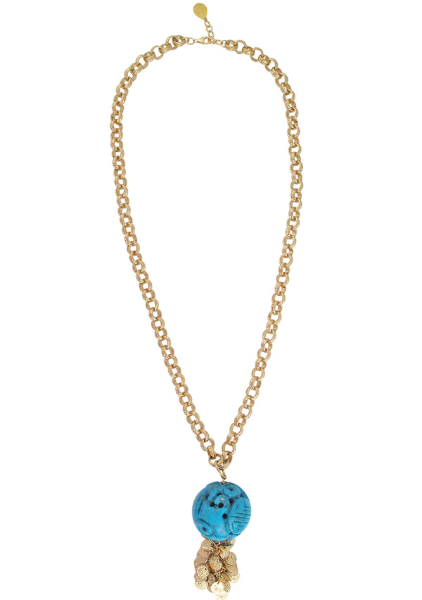 Carved Turquoise Ball Pendant Gold Necklace