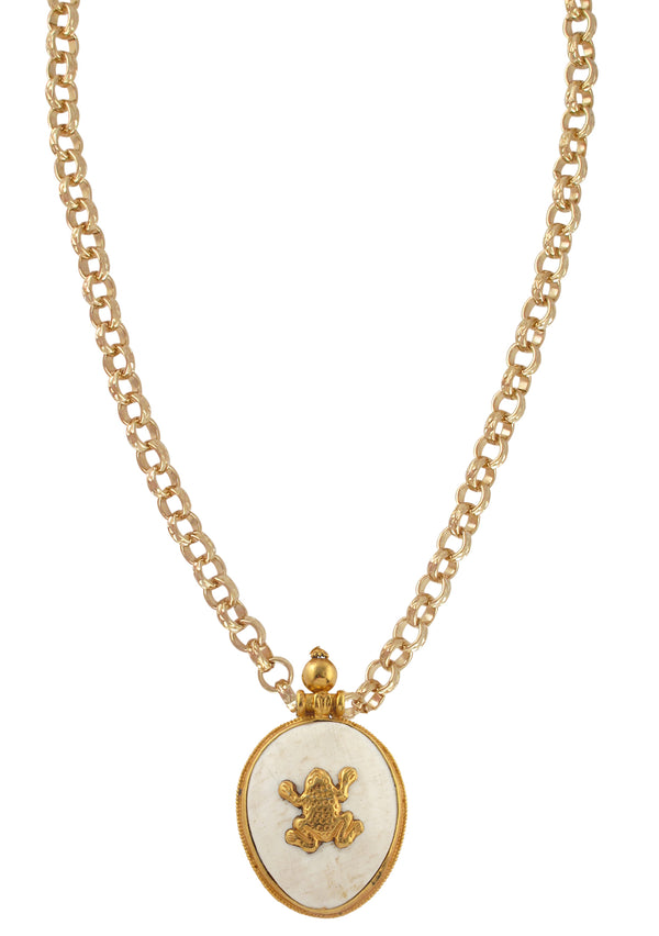 Gold and White Shell Frog Ethnic Pendant Necklace