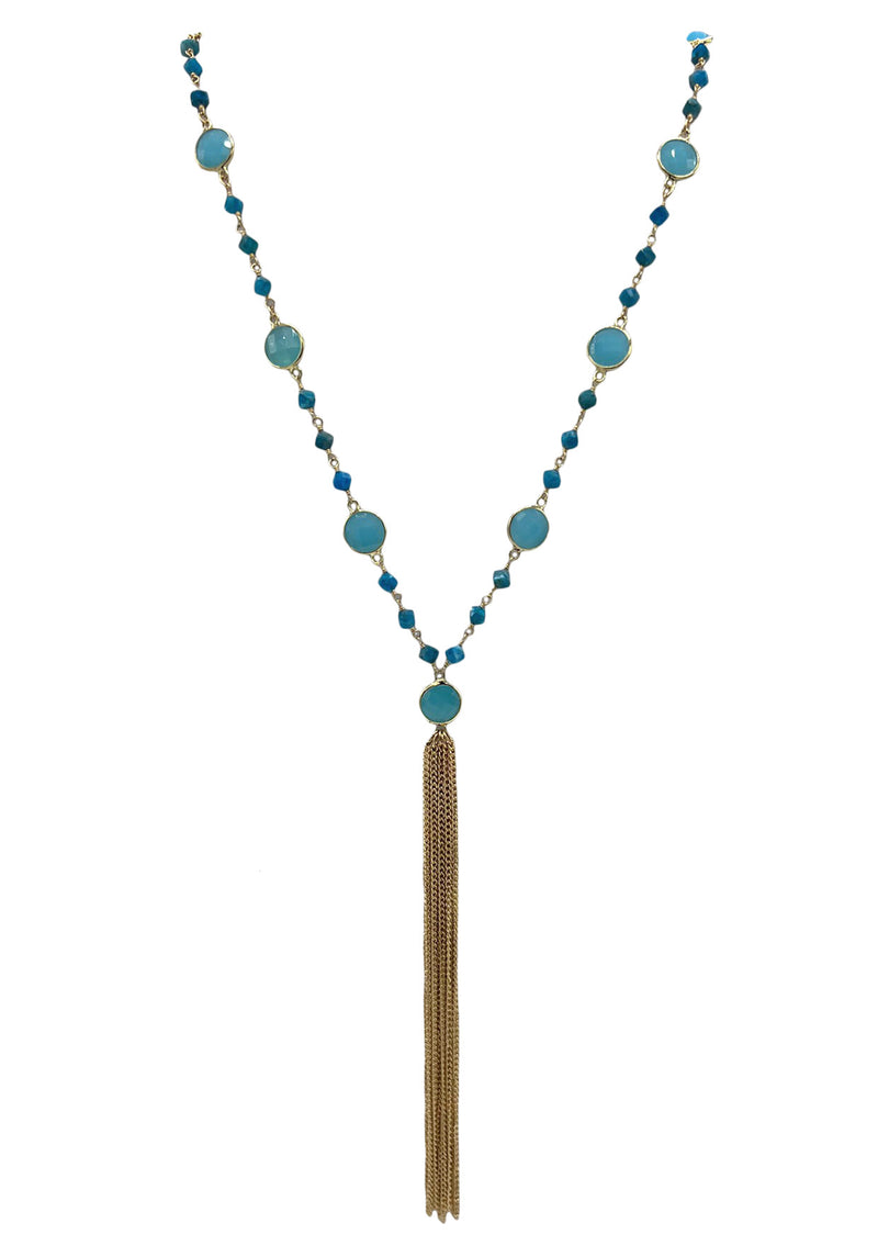 Blue Chalcedony Bezel Gold Tassel Necklace
