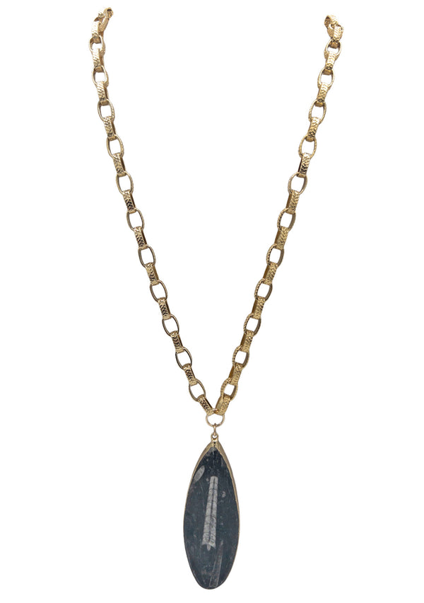 Fossilized Shell Stone in Gold Foil Pendant Necklace