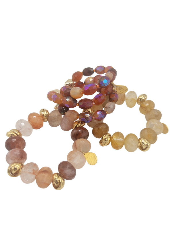 Iridescent Carnelian & Quartz Gold Accent Stretchy Bracelet