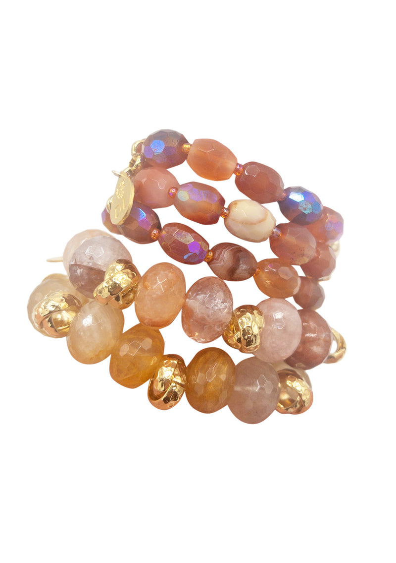 Iridescent Carnelian & Quartz Gold Accent Stretchy Bracelet
