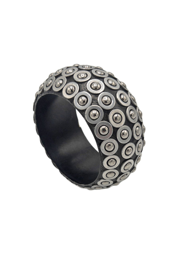 Devon Leigh celebrity jewelry designer features this oversized statement black resin bracelet featuring silver  dodgit details
