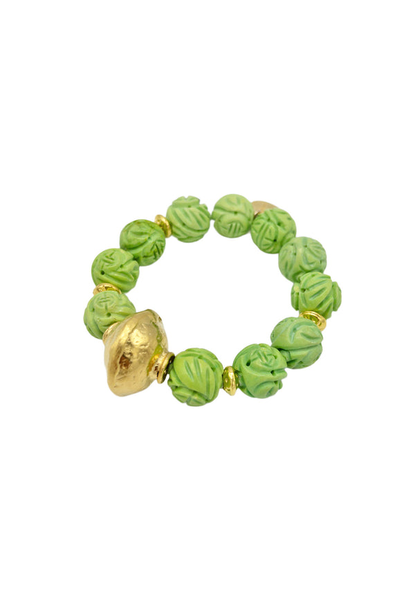 Carved Green Turquoise Gold Accent Stretchy Bracelet