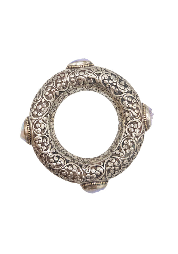 Carved White Brass Moonstone Drusy Ethnic Bracelet