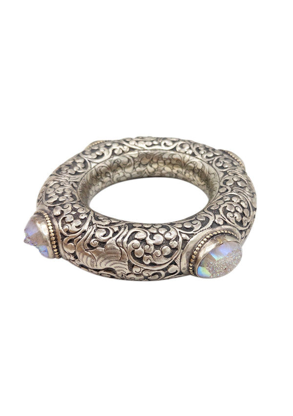 Carved White Brass Moonstone Drusy Ethnic Bracelet