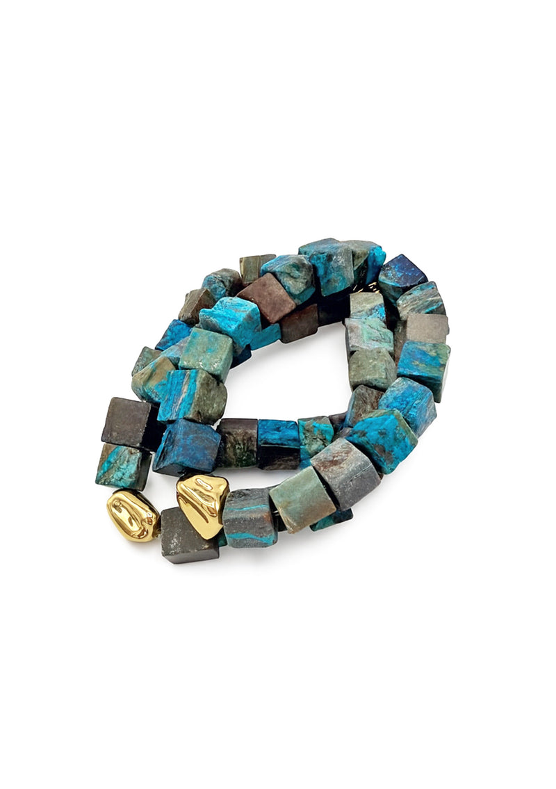 Azurite and Turquoise Multi Strand Gold Accent Stretchy Bracelet