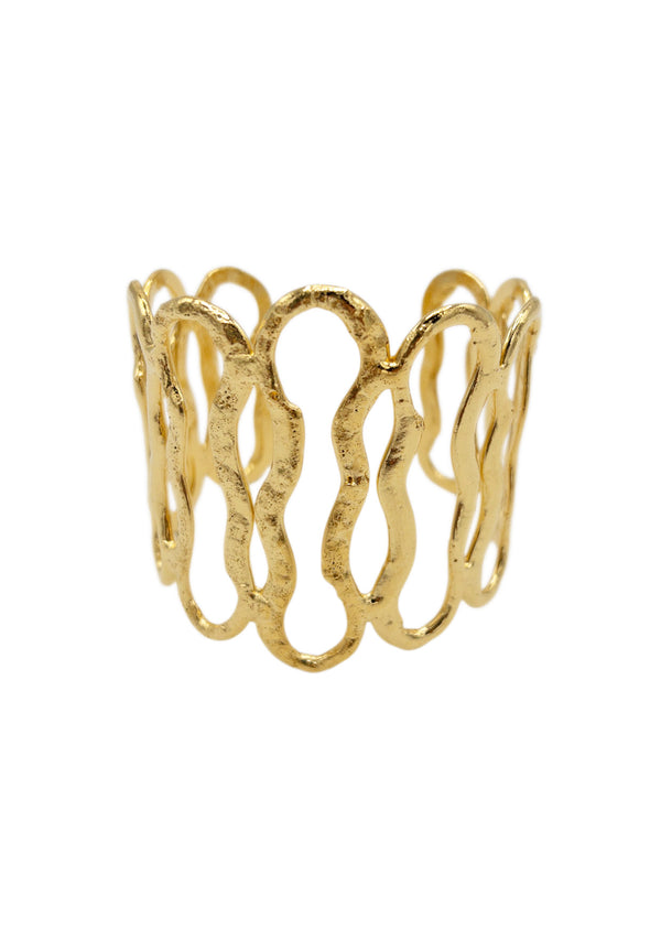 This ultra-versatile, fashion-forward open wave gold cuff bracelet was designed to elevate your sophisticated wardrobe with a touch of bohemian inspiration. Featuring a unique open wave loop gold design.