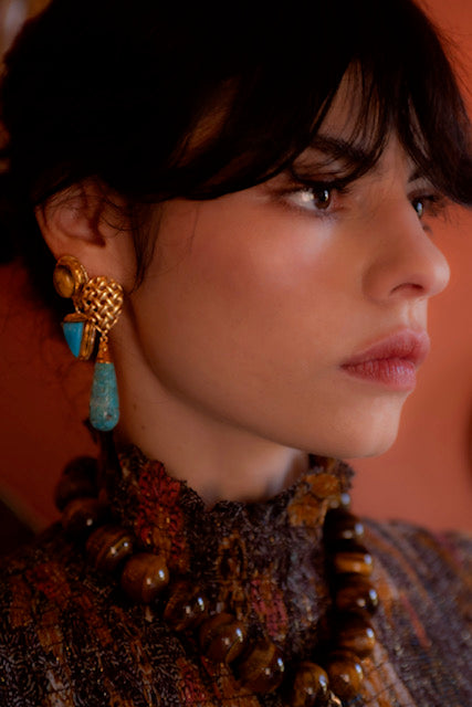 Tiger's Eye Turquoise Gold Bezel Earrings