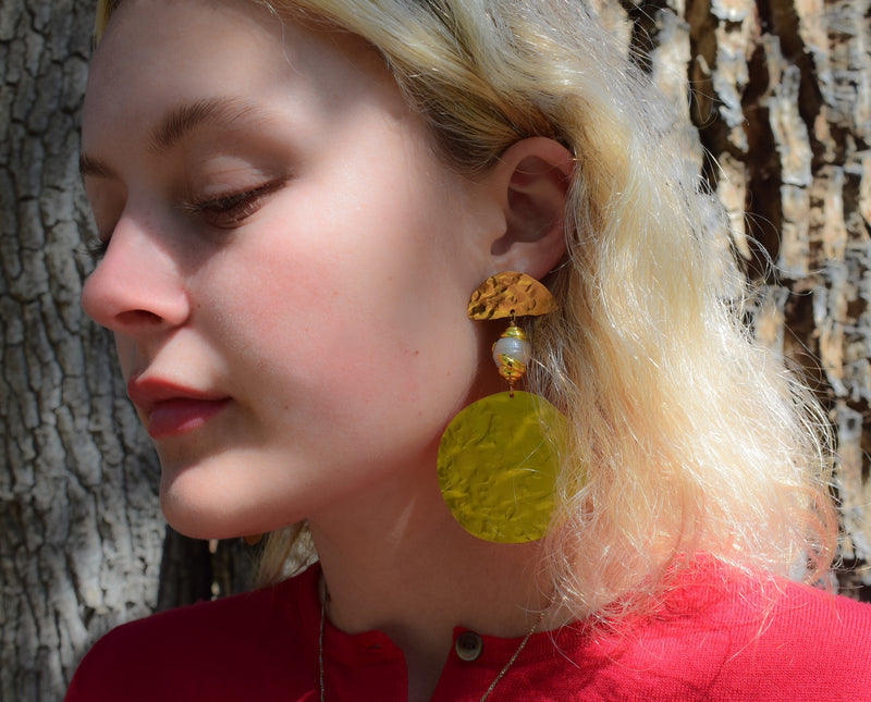 Hammered Gold Medallion Pearl Post Earrings