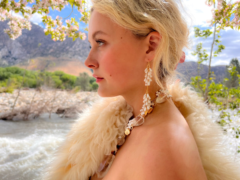 Long Faux Pearl Cluster Gold Drop Earrings