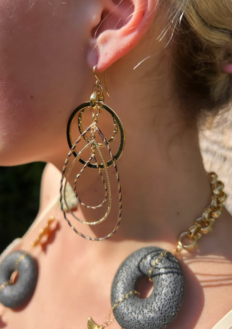 Multi-Link Tan Accent Gold Drop Earrings