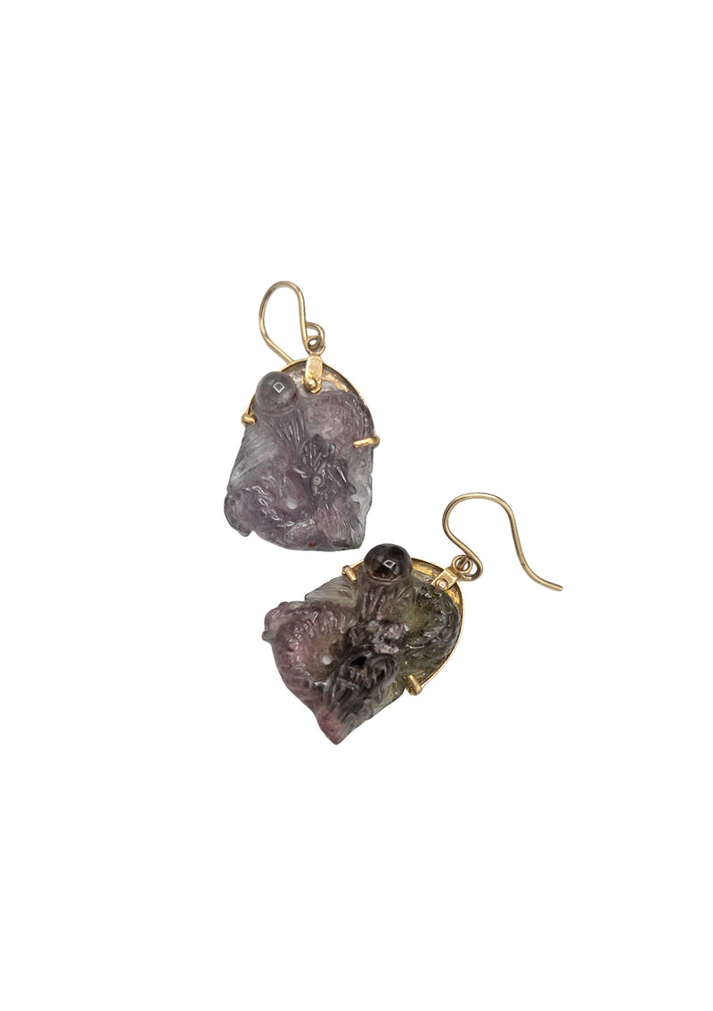 Carved Tourmaline in Gold Drop Earrings