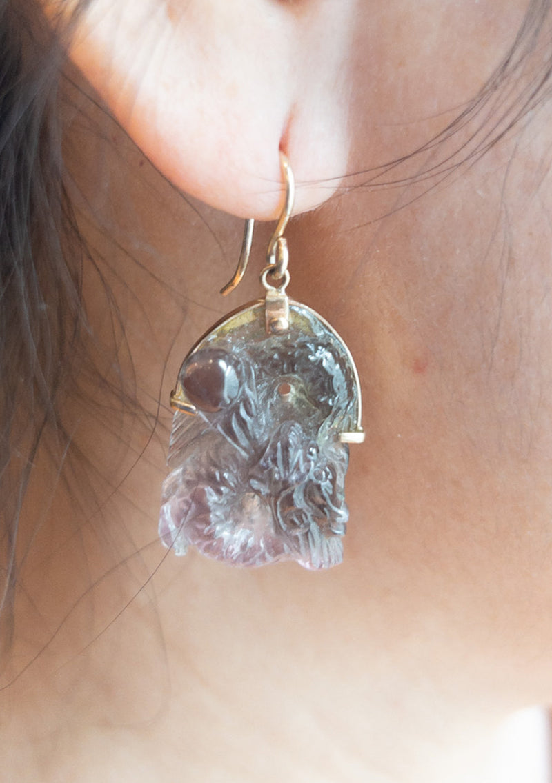 Carved Tourmaline in Gold Drop Earrings