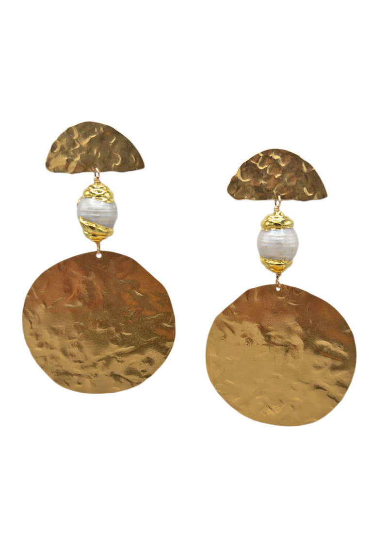 Hammered Gold Medallion Pearl Post Earrings