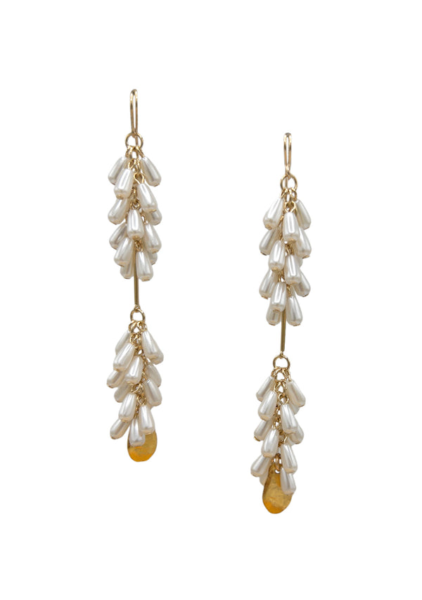 Long Faux Pearl Cluster Gold Drop Earrings
