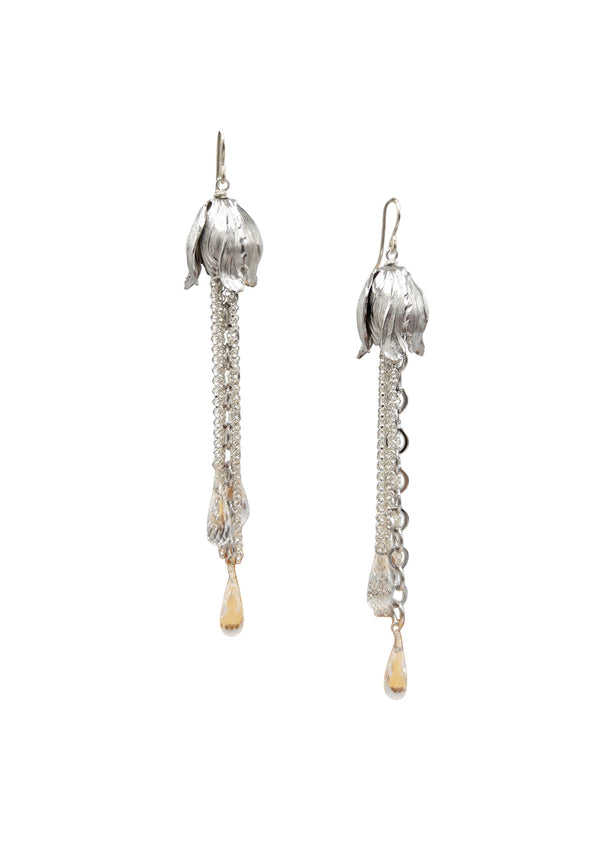 Silver Flower Cap Two Tone Tassel Earrings