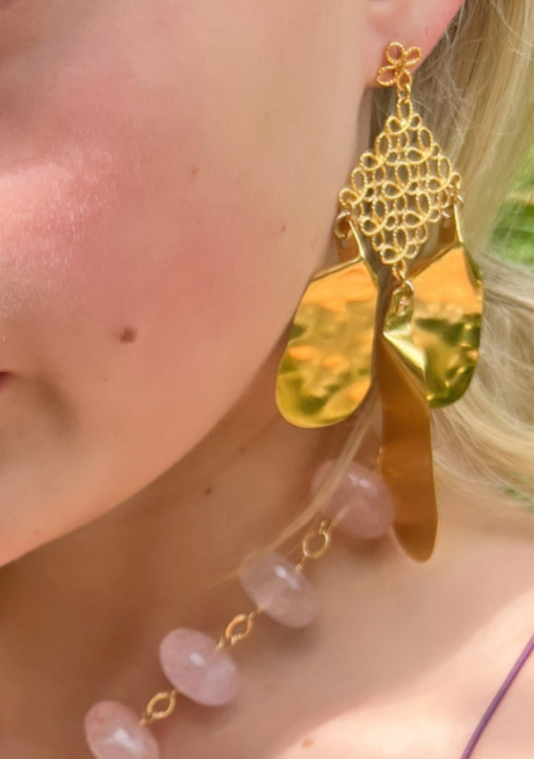 Gold Filigree Leaf Statement Post Earrings