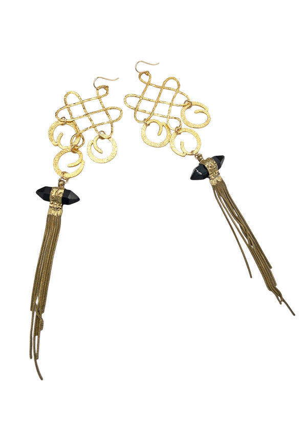 Gold Trellis Brass Tassel Shoulder Duster Earrings