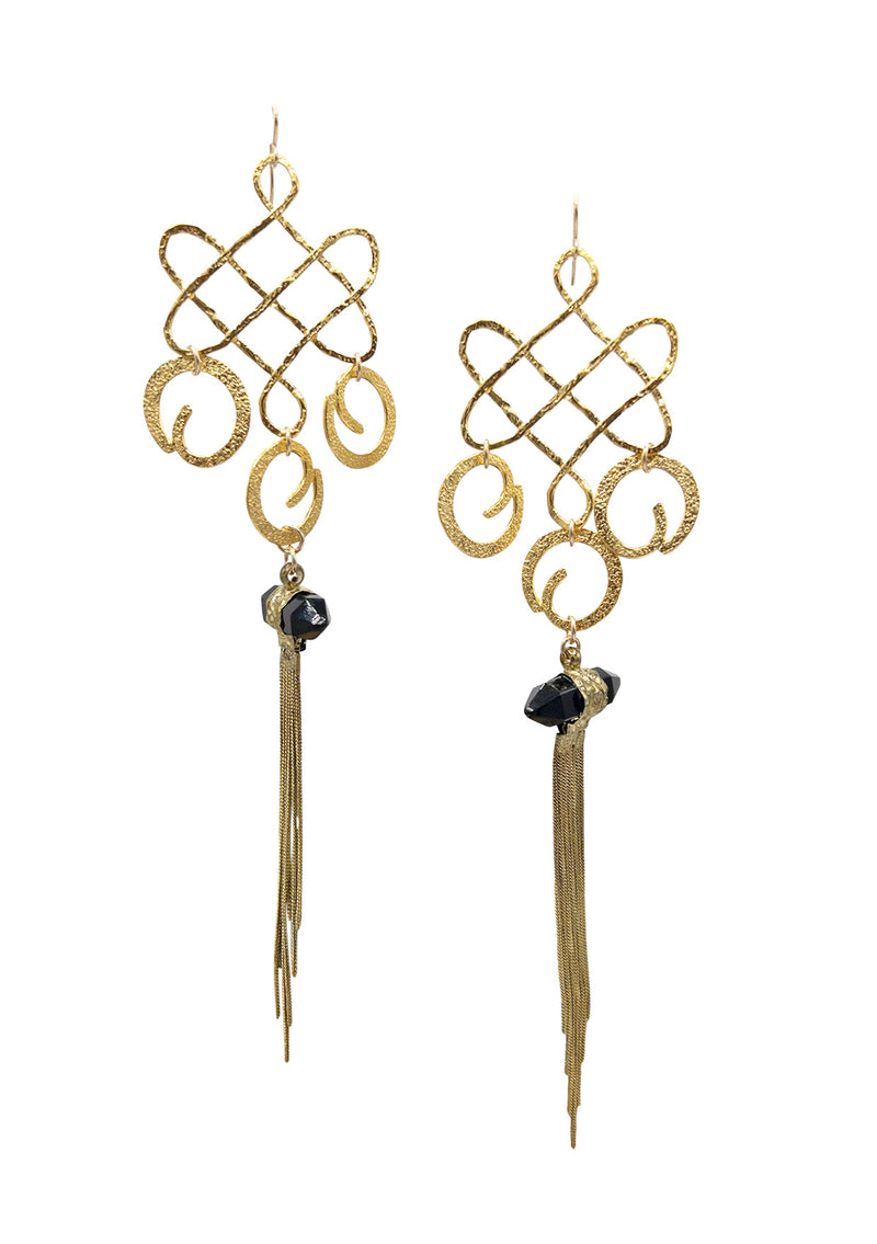 Gold Trellis Brass Tassel Shoulder Duster Earrings
