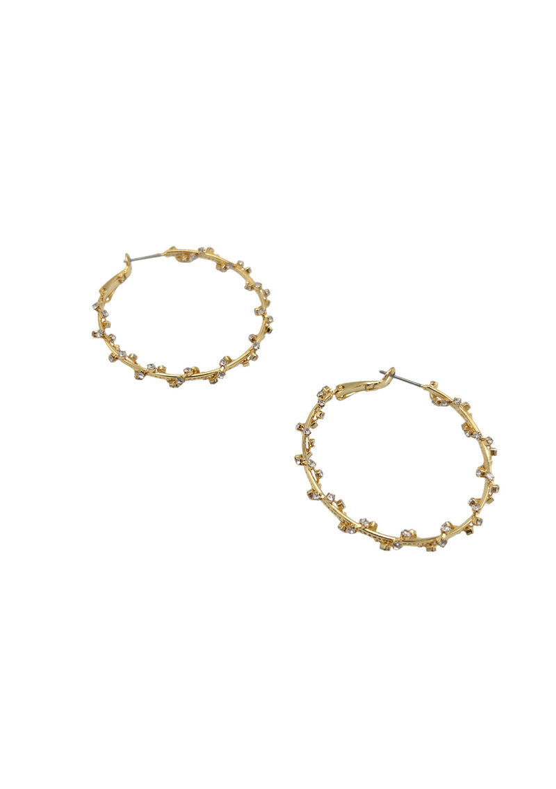 Resort jewelry by luxury designer, Devon Leigh. Featuring these classic gold hoop earrings with a clear crystal detail, these resort-style hoop earrings will elevate the most sophisticated wardrobe.