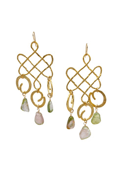 Watermelon Tourmaline Chandelier Gold Statement Earrings