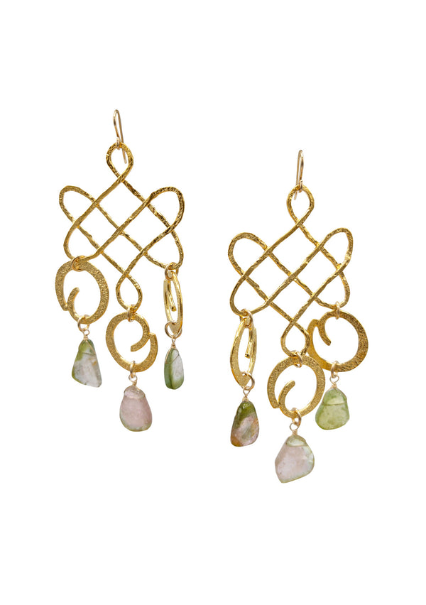 Watermelon Tourmaline Chandelier Gold Statement Earrings