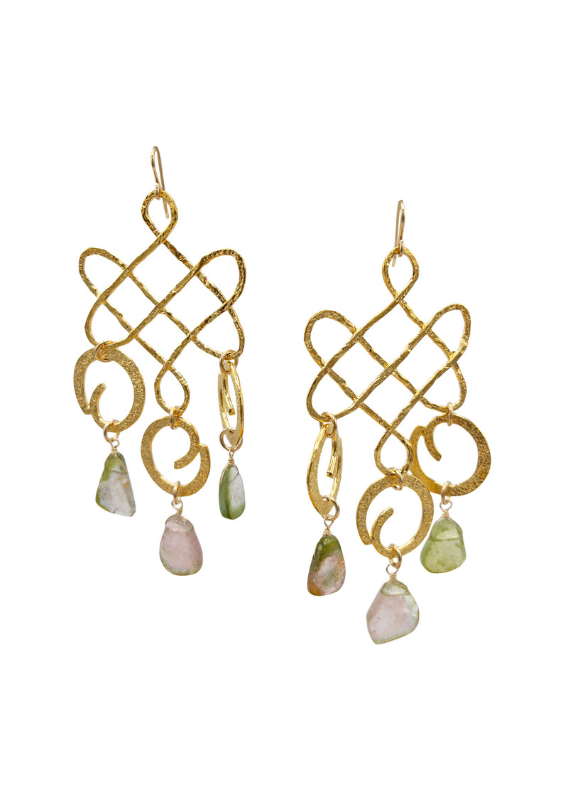 Watermelon Tourmaline Chandelier Gold Statement Earrings