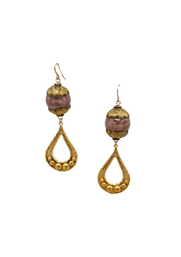 Antique Gold & Pink Jade Teardrop Drop Earrings
