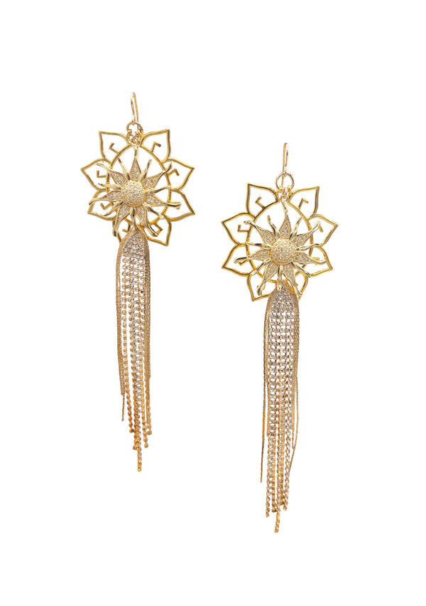 Gold Flower Crystal Tassel Earrings