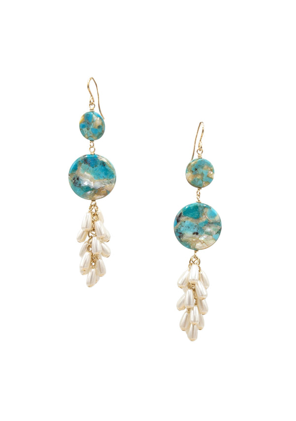 Turquoise Coin Pearl Cluster Earrings
