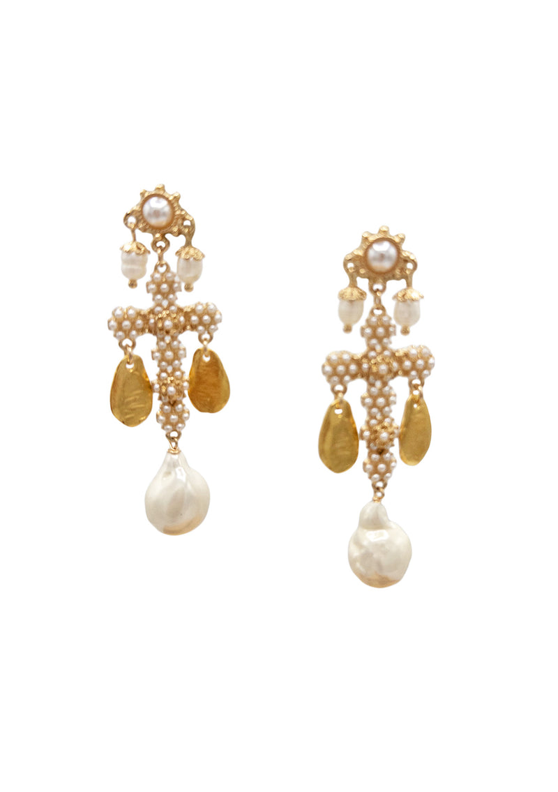 White Pearl Gold Leaf Cross Earrings