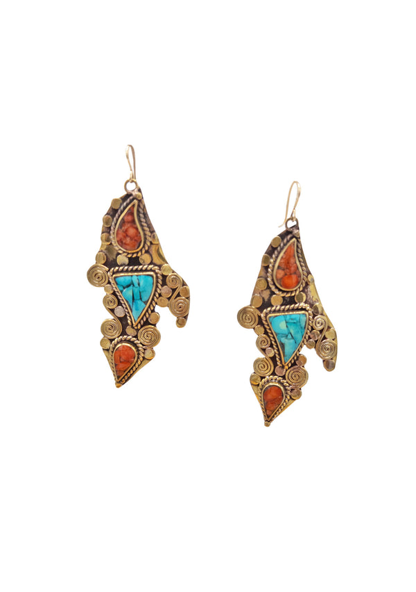 Turquoise Red Coral Ethnic Earrings