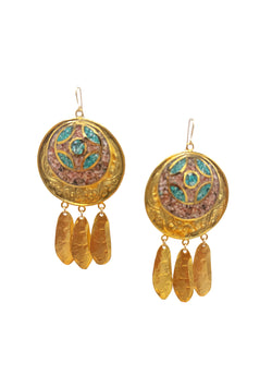 Turquoise Red Coral Ethnic Gold Earrings