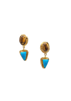 Tiger's Eye Turquoise Gold Bezel Earrings