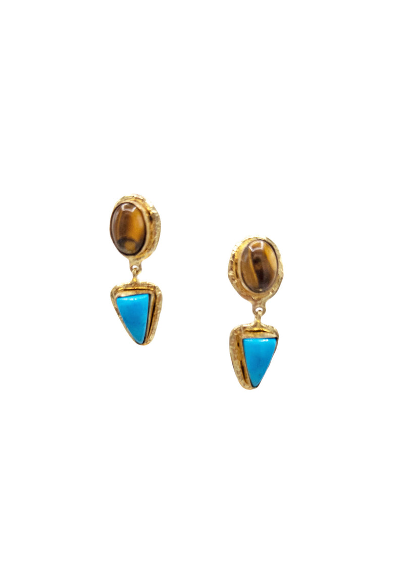 Tiger's Eye Turquoise Gold Bezel Earrings