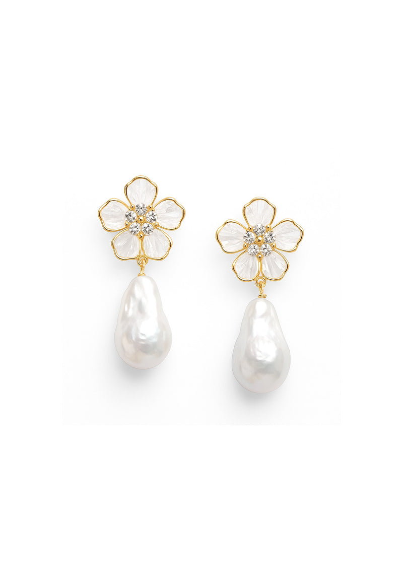 Pearl Drop Flower Post Earrings