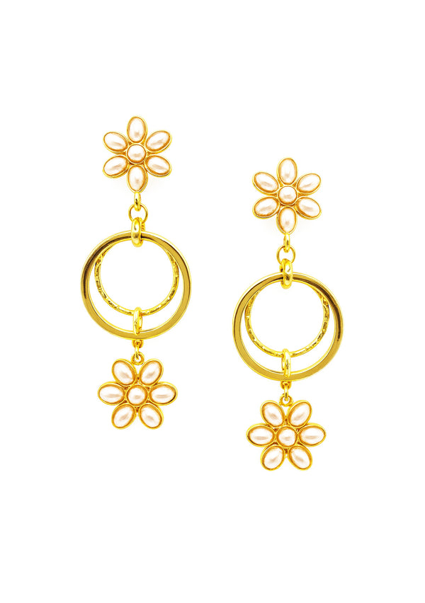 White Pearl Gold Circle Post Earrings