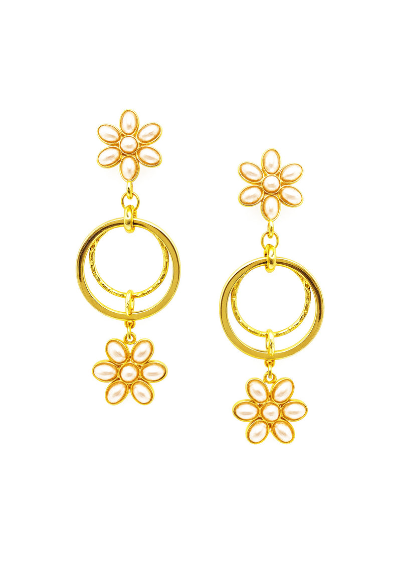 White Pearl Gold Circle Post Earrings