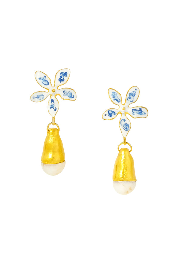 Blue and White Flower Pearl Drop Earrings