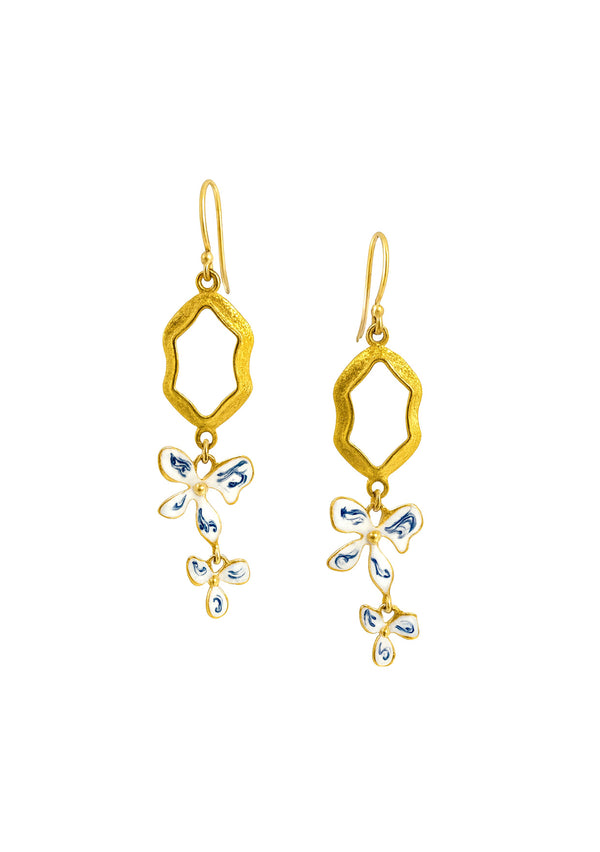 White and Blue Flower Gold Drop Earrings