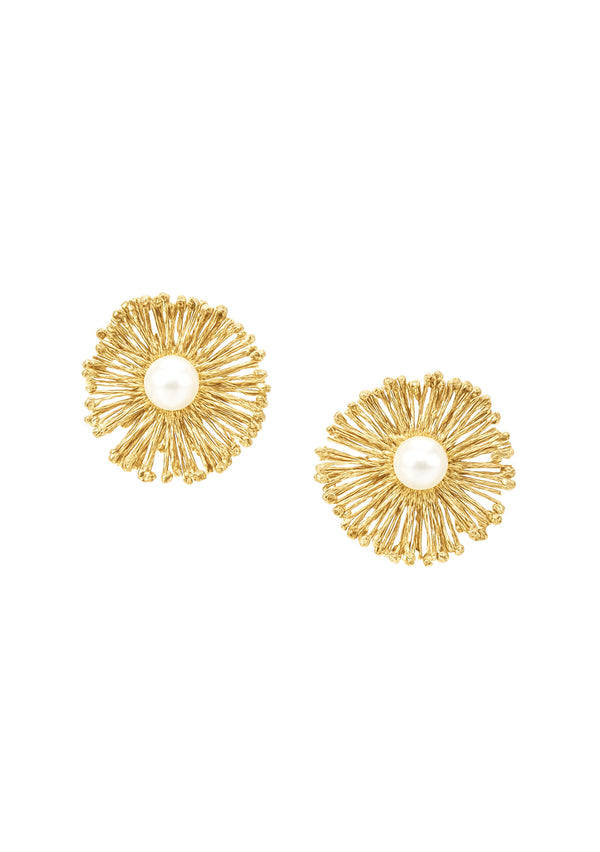 Gold Flower Pearl Post Earrings