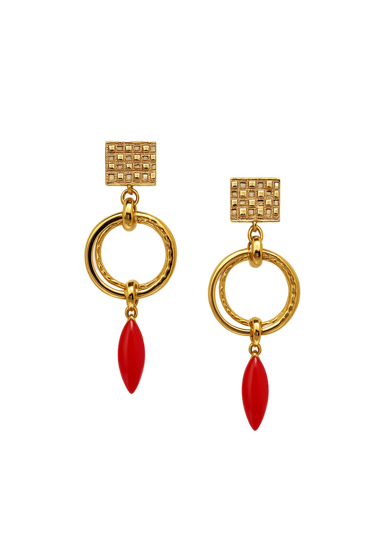Red Coral Gold Drop Earrings