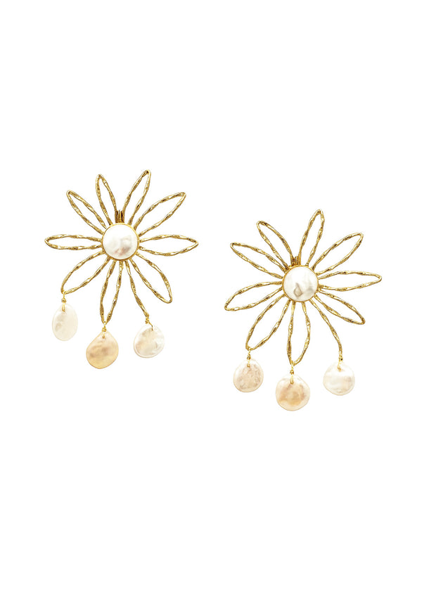 White Pearl Gold Flower Post Earrings