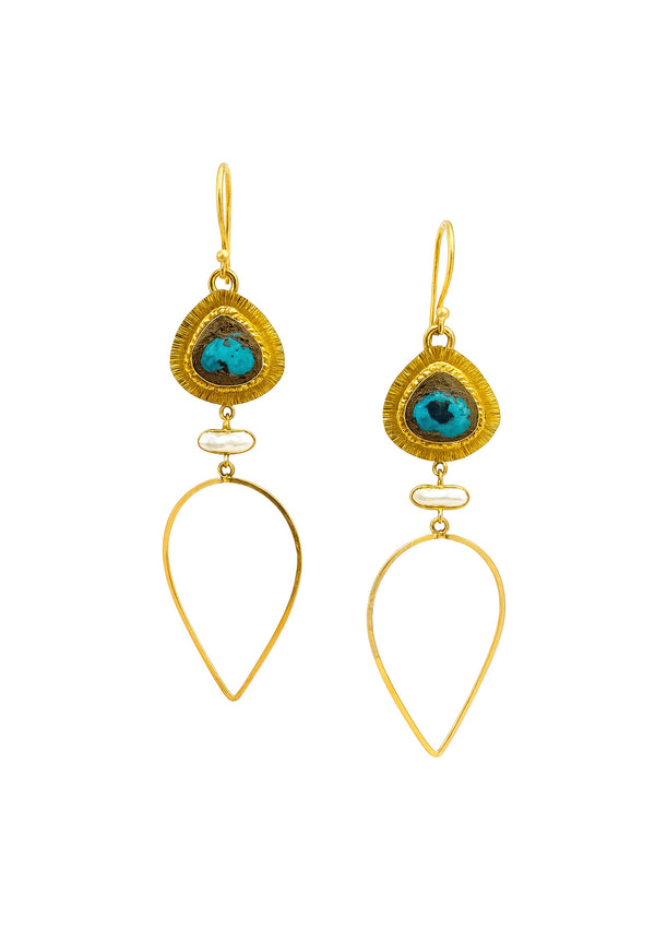 Turquoise Bezel Pearl Gold Teardrop Earrings